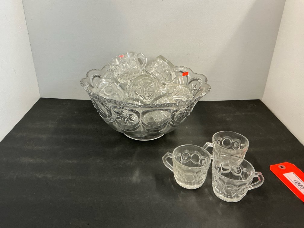Clear pressed glass punch bowl & matching cups