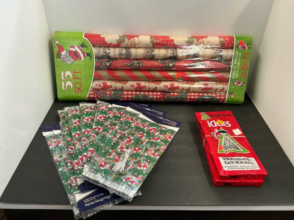 Christmas wrapping paper, party cello bags & icicles