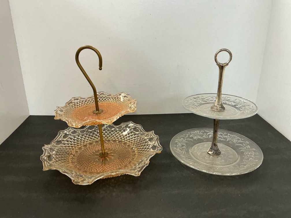 2 two-tier pressed glass serving stands