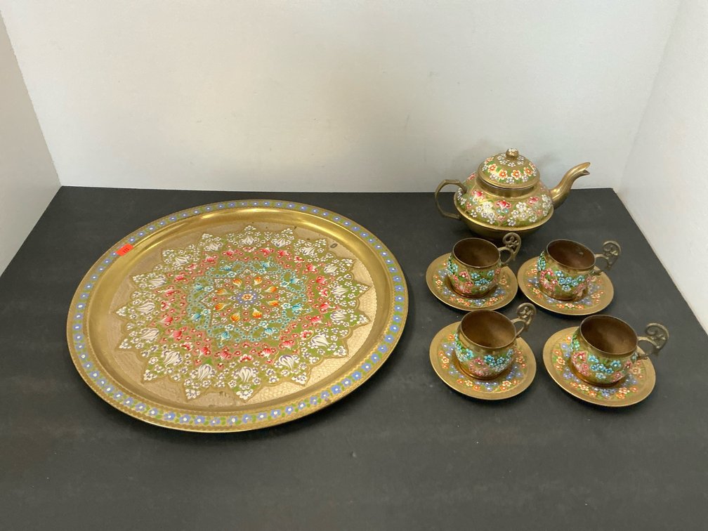 10-piece floral enameled brass tea set