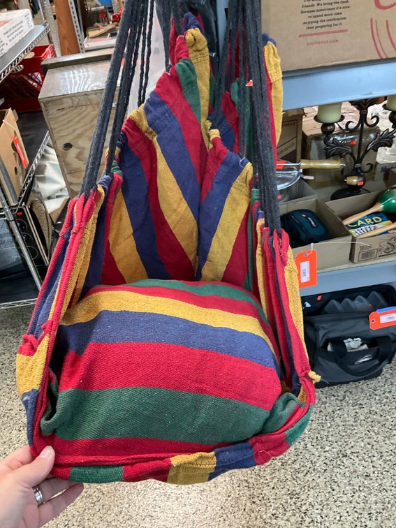 Striped woven hanging hammock chair with cushion
