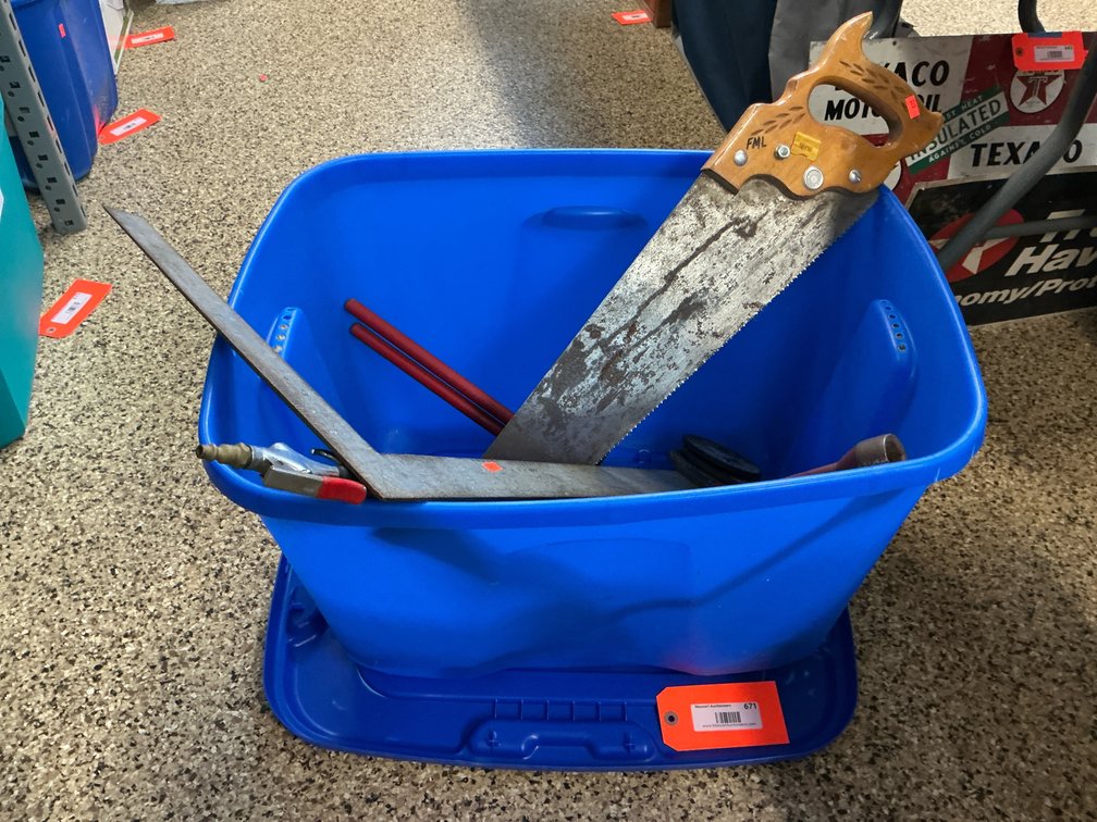 Hand saw, framing square & assorted hand tools with tote