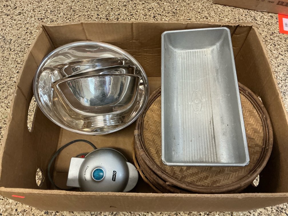 Assorted kitchenware with mini waffle maker & mixing bowls