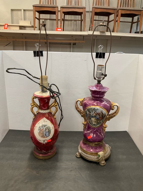 2 ceramic urn table lamps with courting scenes