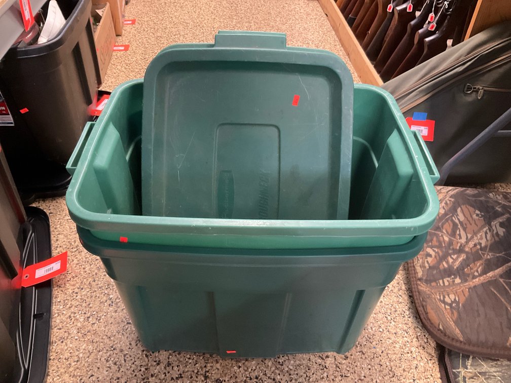 2 Rubbermaid Roughneck green storage totes with lids