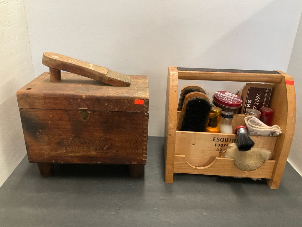 2 wooden shoe shine boxes with accessories
