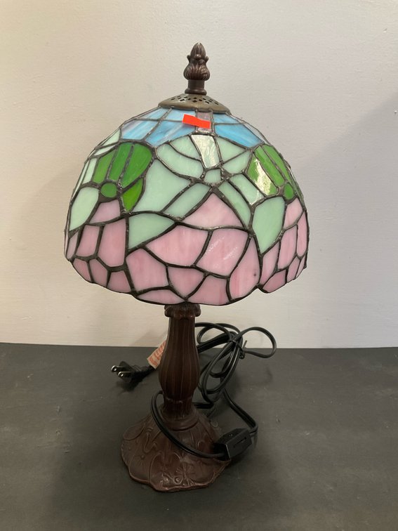 Stained glass table lamp with pink & green shade