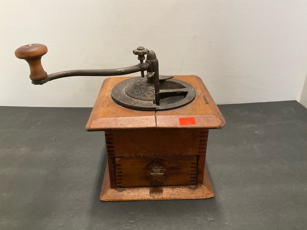 Wooden box coffee grinder with crank & drawer
