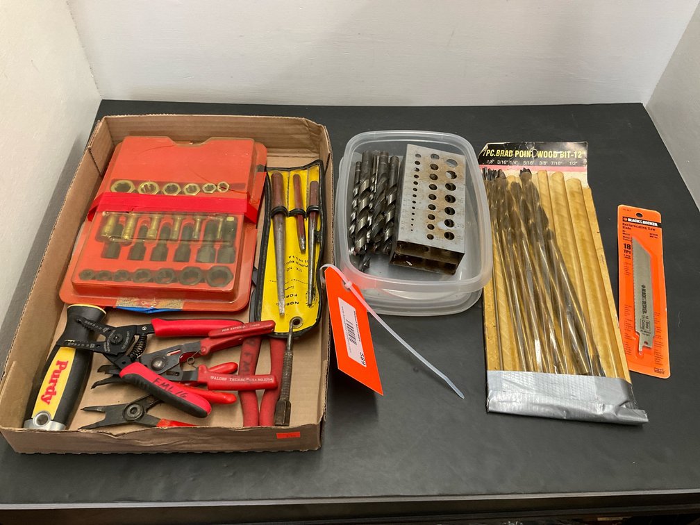 Assorted hand tools, drill bits & tap and die set