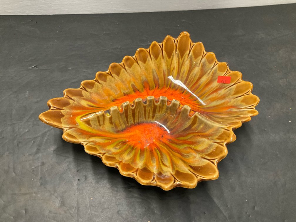 Ceramic divided ashtray in orange & brown drip glaze