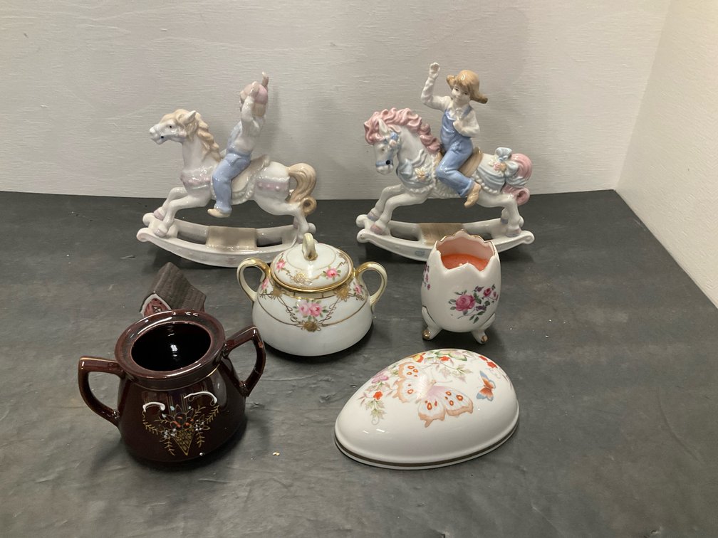 Porcelain figurines, sugar bowl, trinket box & more