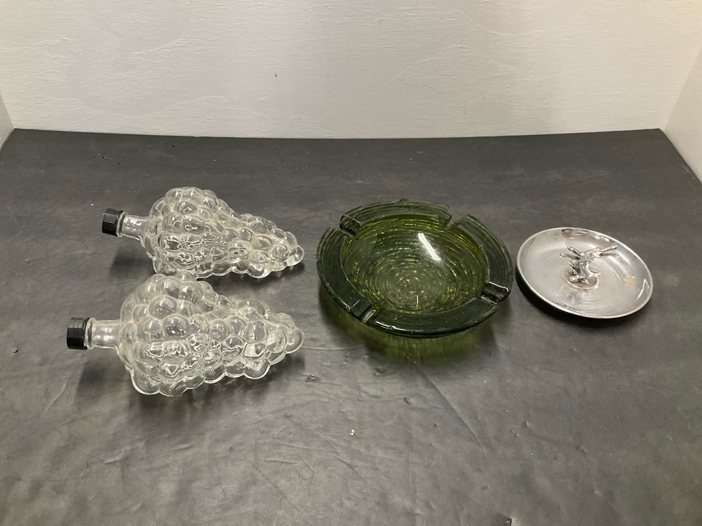 Pair of glass grape bottles, green ashtray & chrome dish