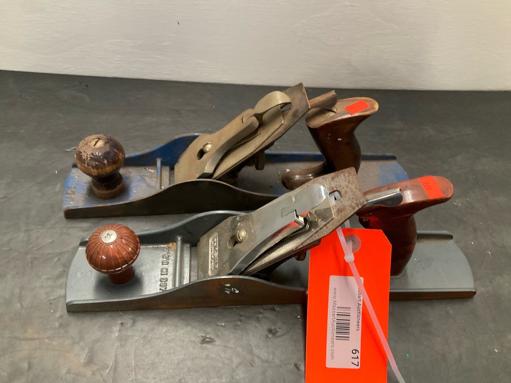 Pair of blue & gray metal bench hand planes