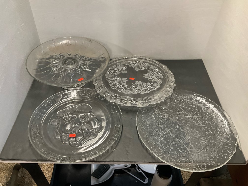 Clear pressed glass serving platters & cake stand