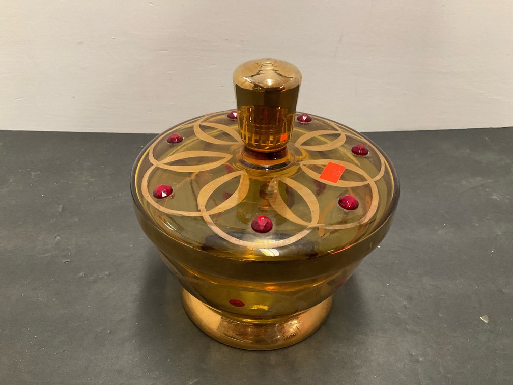 Amber glass lidded candy dish with gold-tone trim