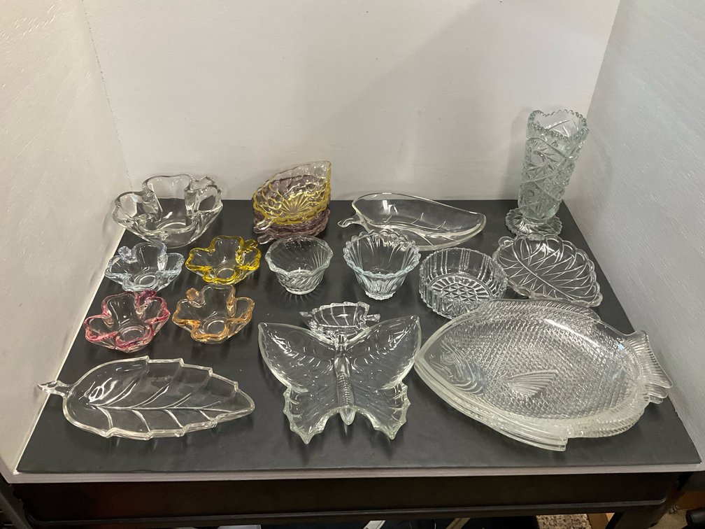 Assorted clear & colored pressed glass tableware