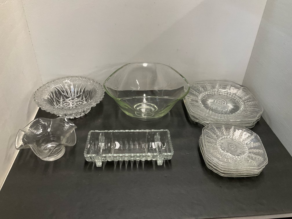 Clear & tinted glass bowls, relish dish & plates