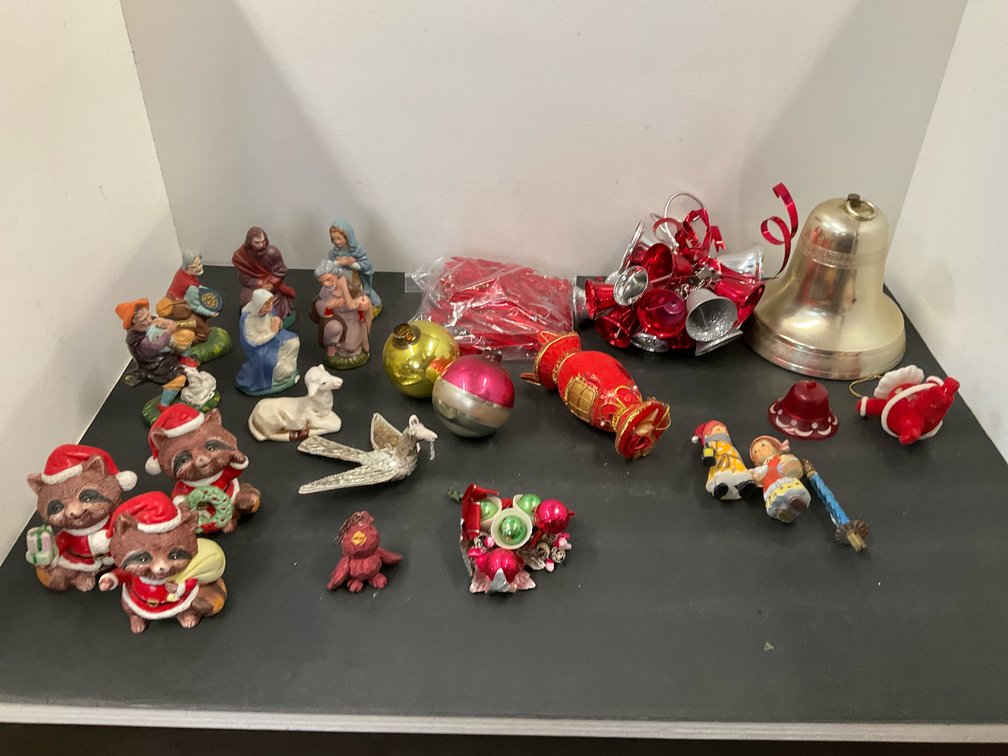 Grouping of Christmas ornaments, nativity set & figurines