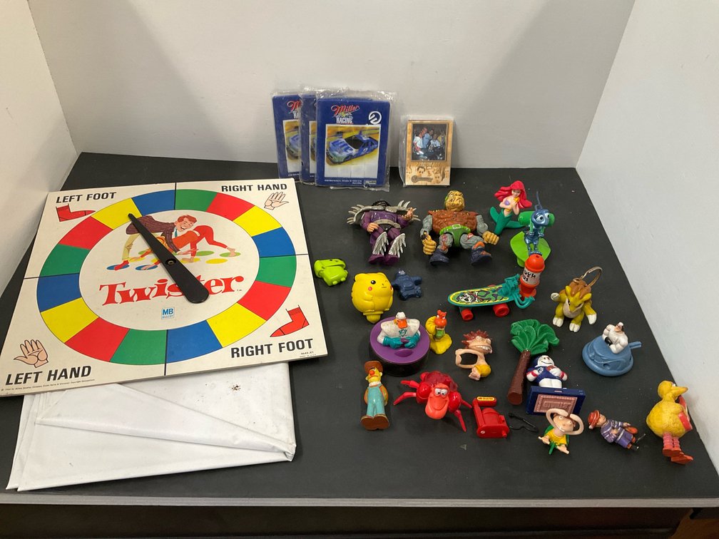Twister game, slide puzzles & assorted toy figures
