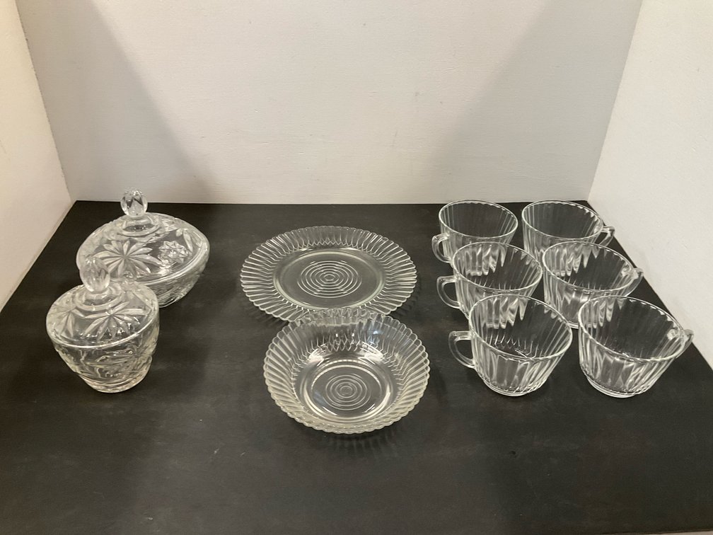 Clear pressed glass tableware grouping