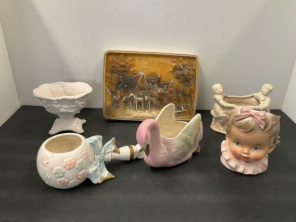 Group of ceramic planters & relief plaque