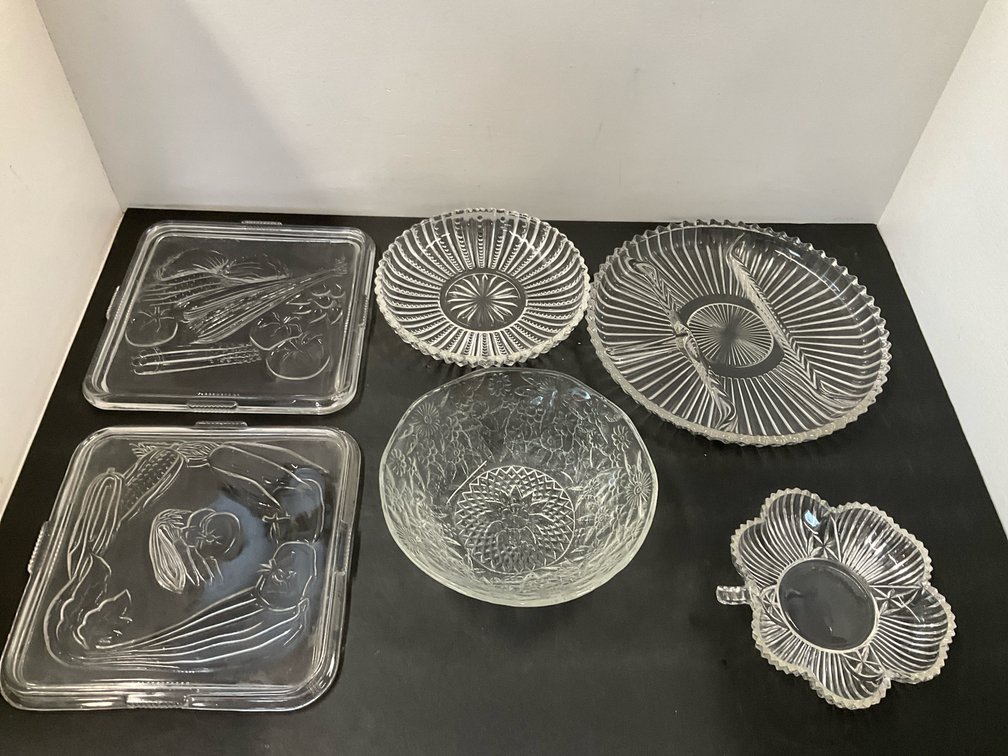 Group of clear pressed glass tableware & serving pieces