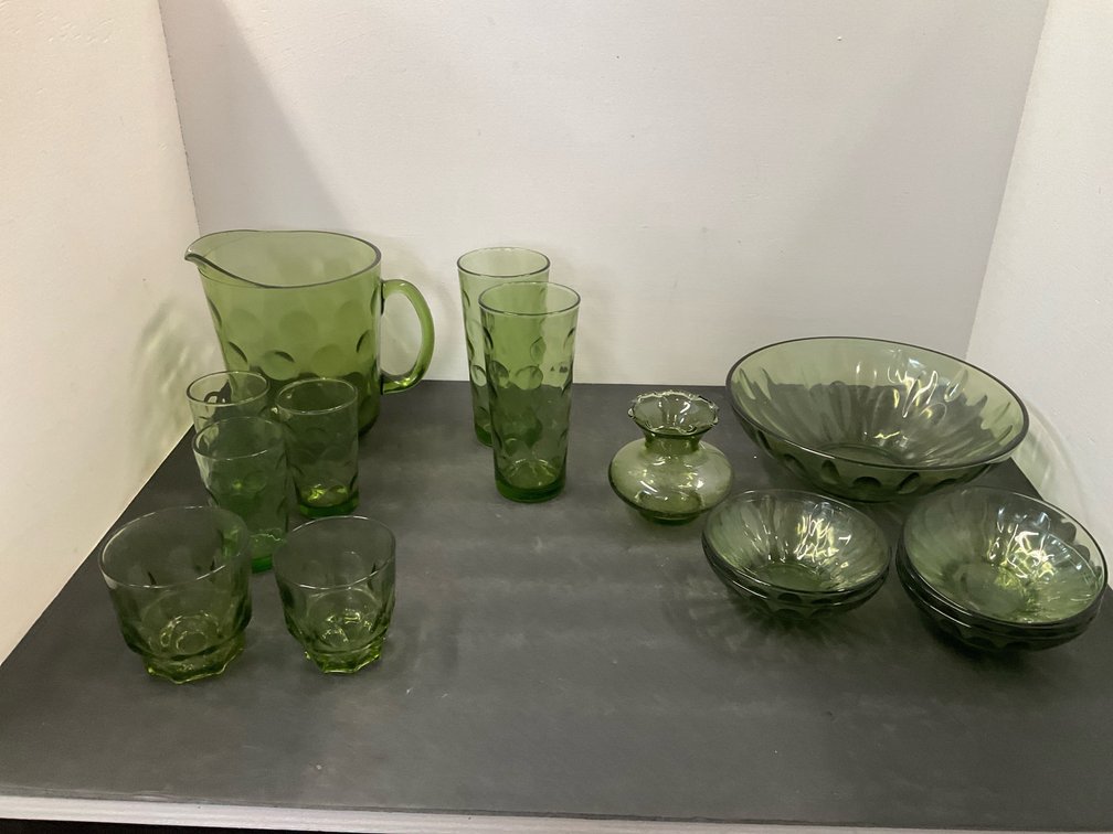 Olive green glass pitcher, tumblers, bowls & more