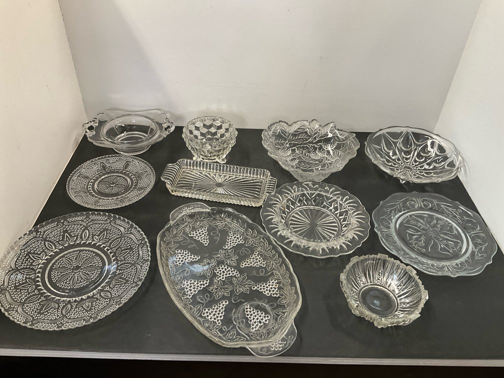 Group of clear pressed glass tableware & serving pieces