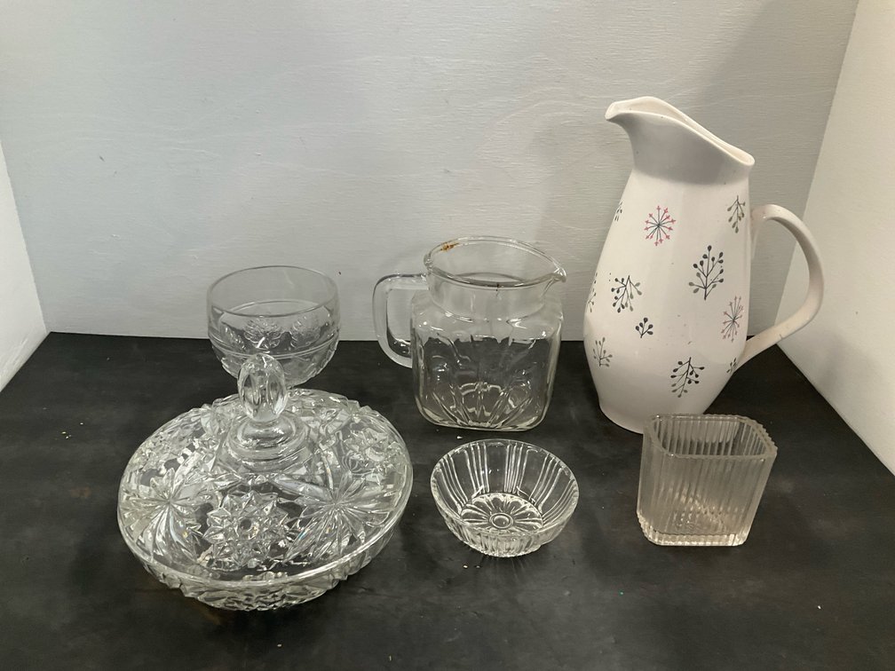 Grouping of clear glassware & ceramic pitcher