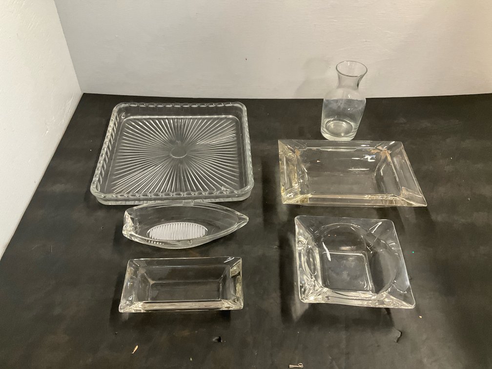 Group of clear pressed glass trays, ashtrays & carafe