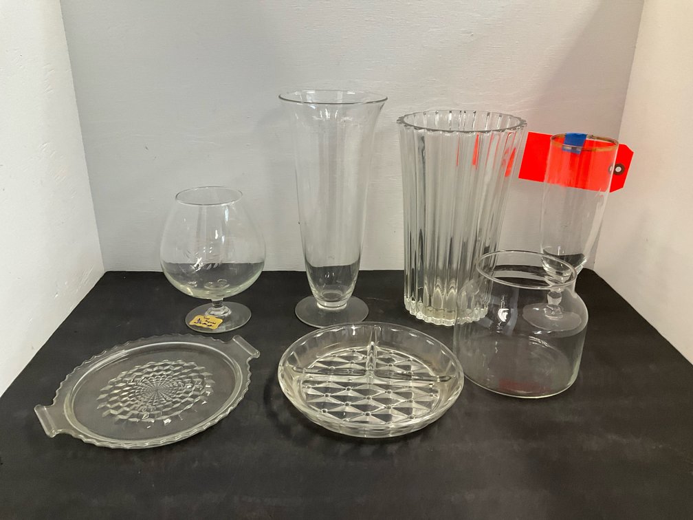 Clear glassware including vases, serving dishes & more