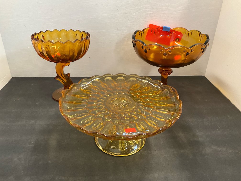 Amber pressed glass cake stand & 2 pedestal compotes