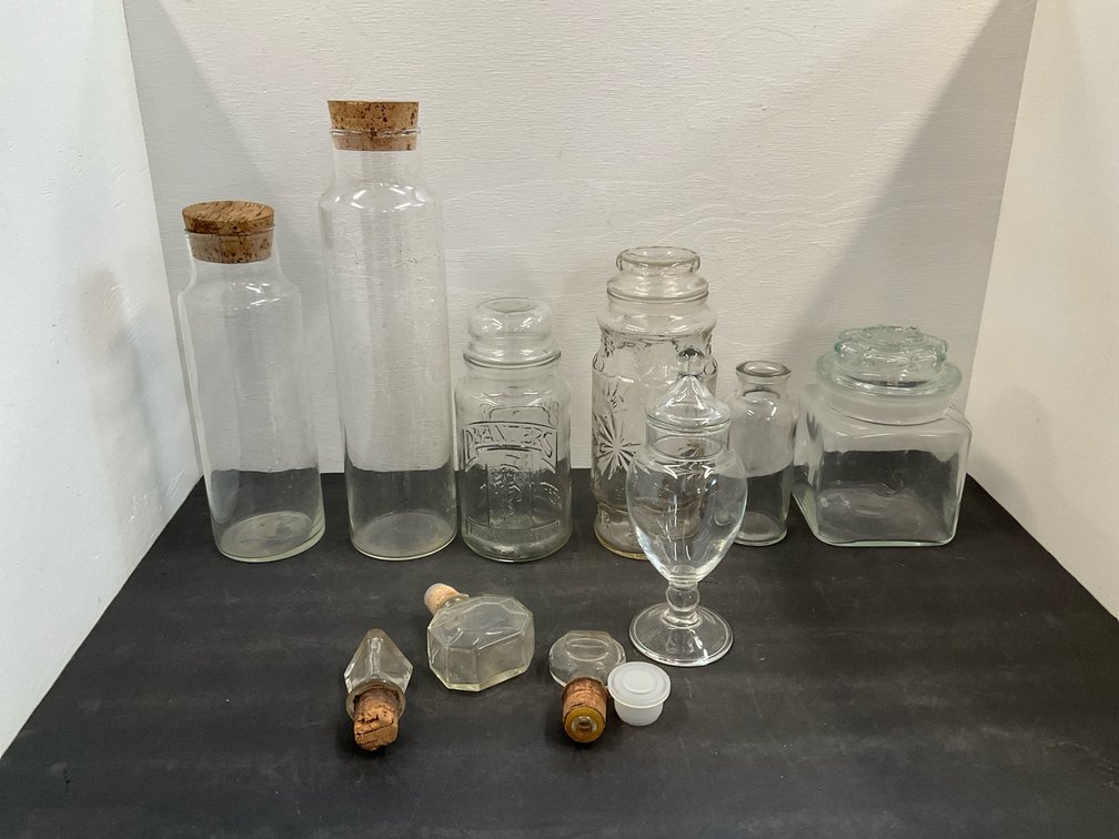 Grouping of clear glass jars, bottles & stoppers
