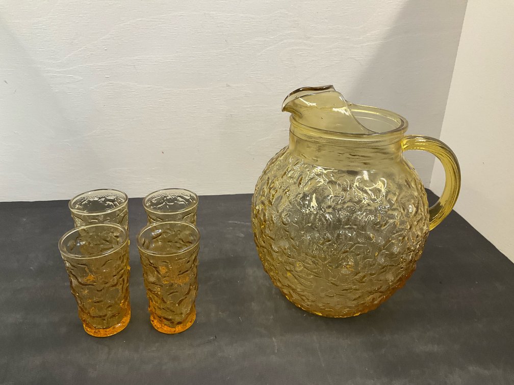Amber textured glass pitcher & 4 tumblers