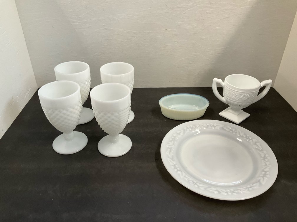 Group of white milk glass & opalescent glassware