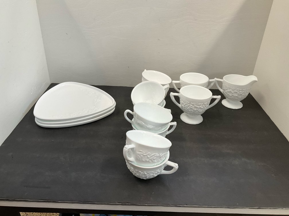 Grouping of white milk glass & embossed tableware