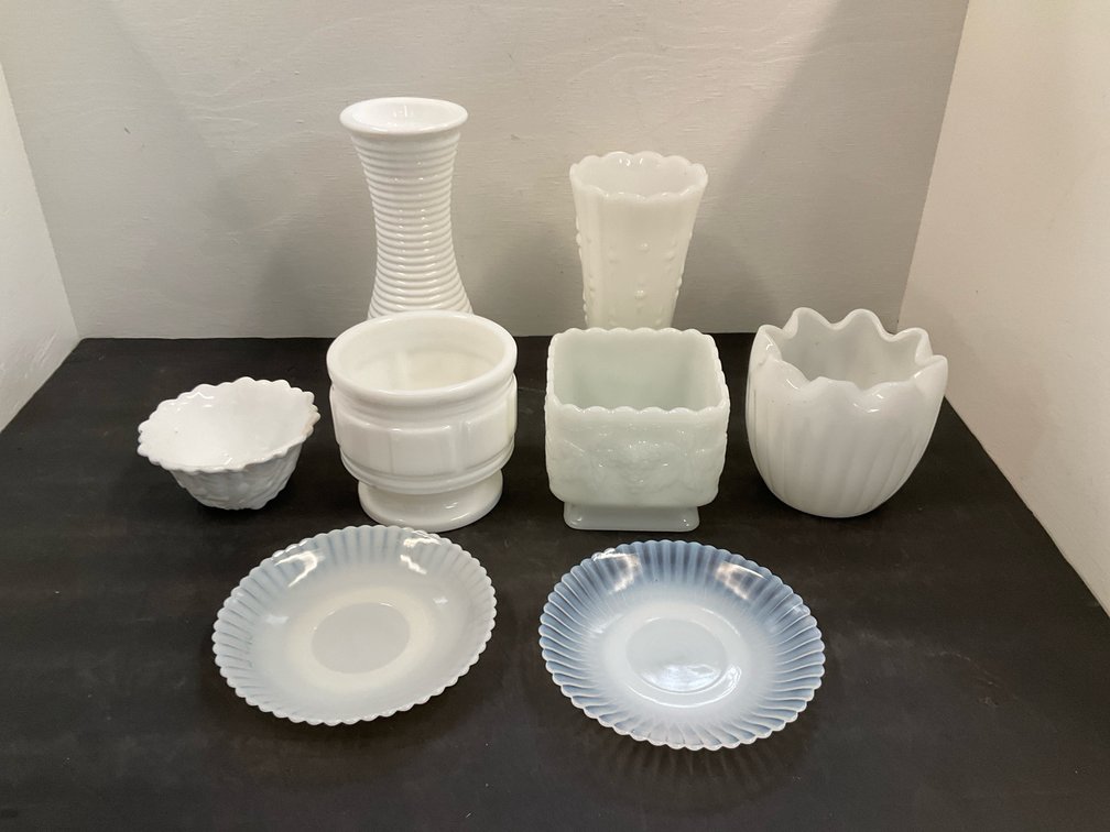 Group of  white milk glass & opalescent glassware