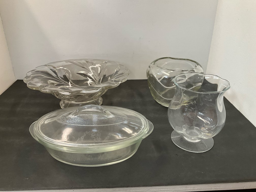 Clear glassware grouping with covered casserole & vases