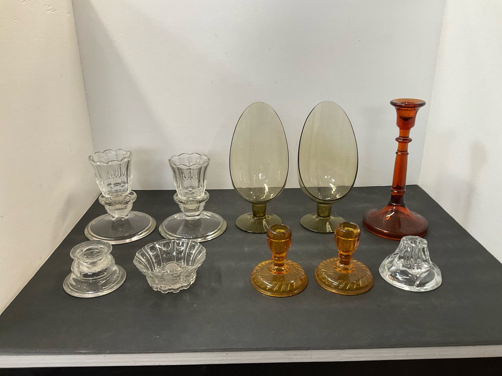 Grouping of assorted glass candleholders & vessels