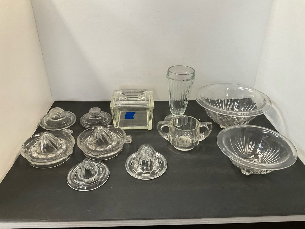 Group of clear pressed glass tableware & kitchenware