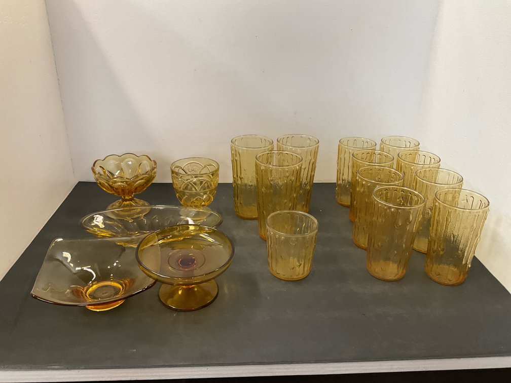 Group of  amber pressed glass tumblers & tableware