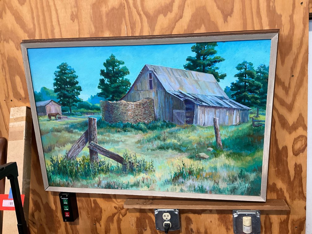 Framed impasto barn landscape painting