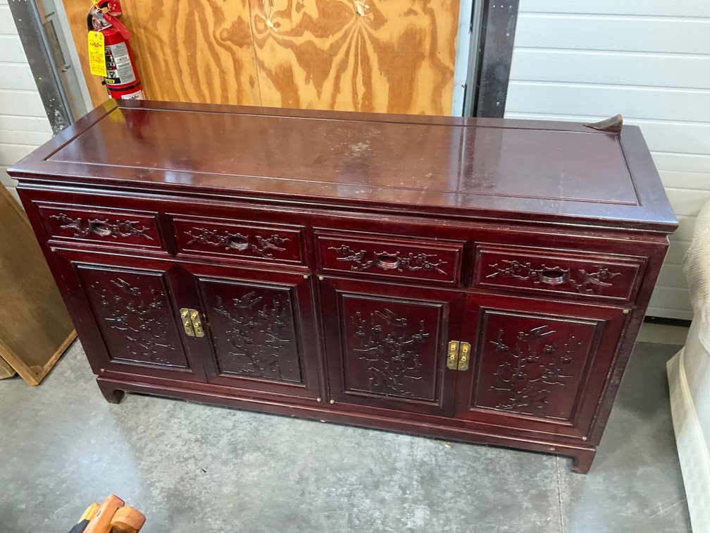 Carved wood Asian-style 4-drawer 4-door sideboard