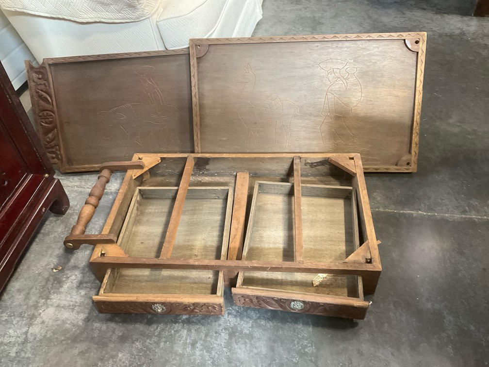 Carved wood tray table with drawers & Andean panels