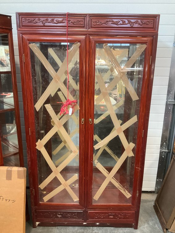 Asian carved wood two-door curio display cabinet