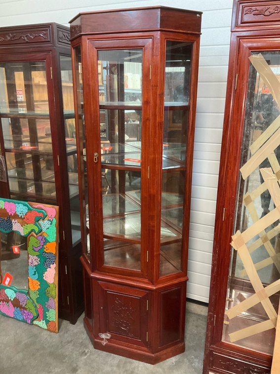 Red-brown wood corner curio display cabinet