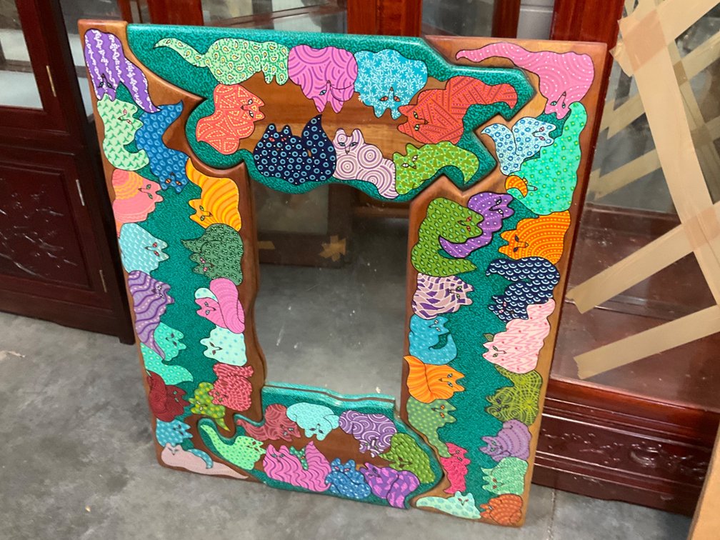 Hand-painted folk art cat motif wood framed mirror