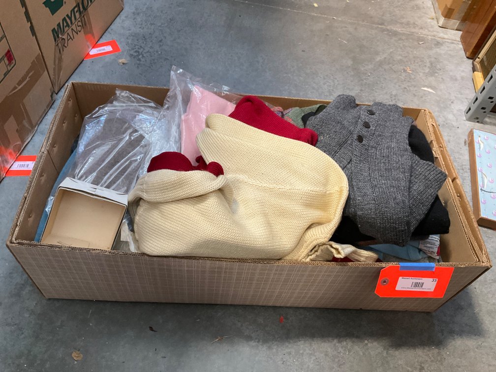 Box lot of knit sweaters, clothing & belts