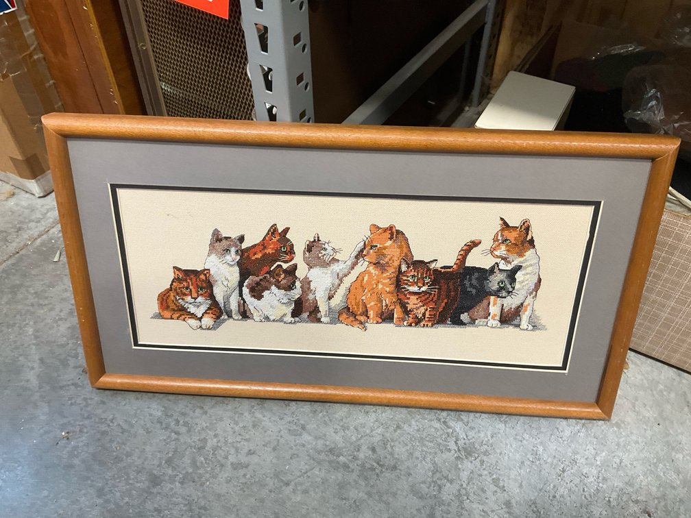 Framed cat needlework art in wood frame