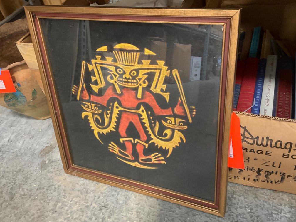 Framed pre-Columbian style deity artwork